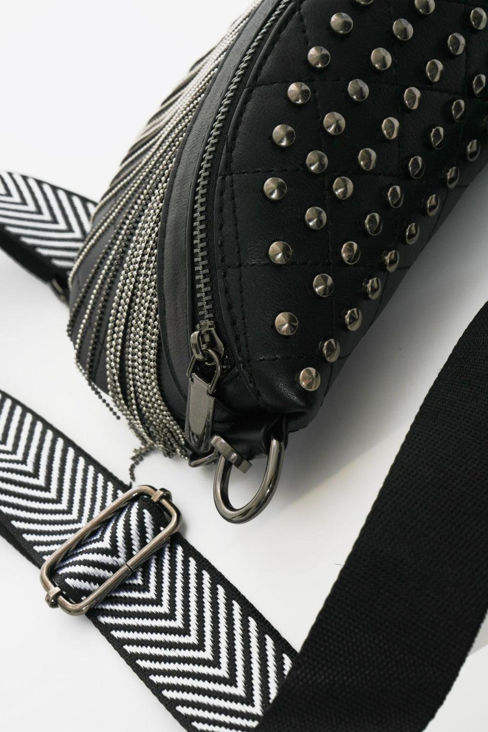 Woven Patten Black PU Leather Studded Fringe Sling Bag - MXSTUDIO.COM