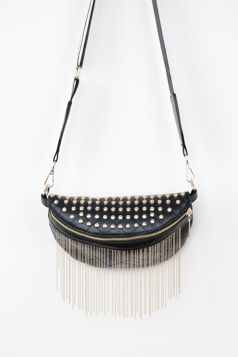 Woven Patten Black PU Leather Studded Fringe Sling Bag - MXSTUDIO.COM