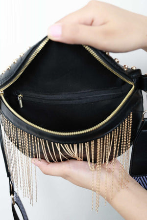 Woven Patten Black PU Leather Studded Fringe Sling Bag - MXSTUDIO.COM