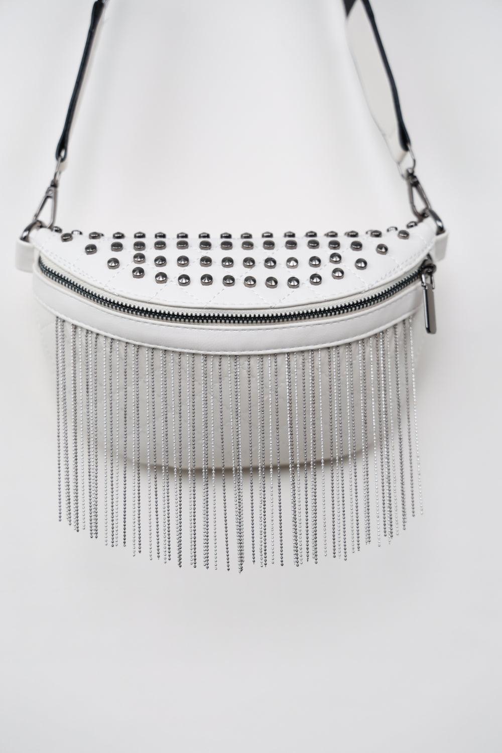 Woven Patten Black PU Leather Studded Fringe Sling Bag - MXSTUDIO.COM