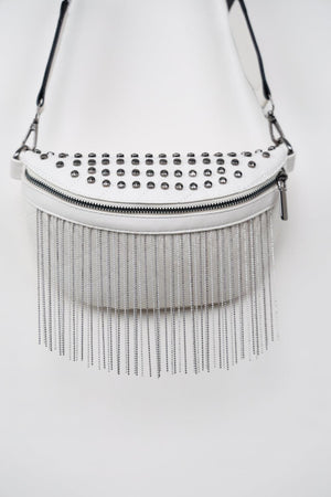 Woven Patten Black PU Leather Studded Fringe Sling Bag - MXSTUDIO.COM