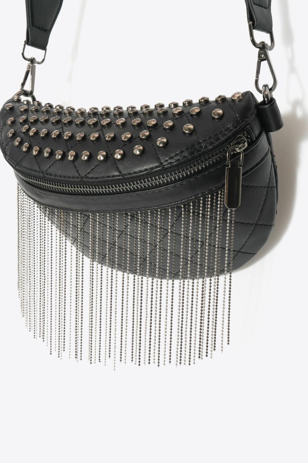 Woven Patten Black PU Leather Studded Fringe Sling Bag - MXSTUDIO.COM