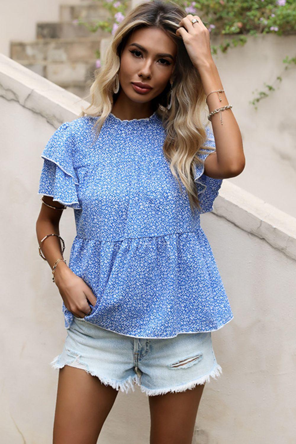 You Go Girl Tiered Ruffled Blue Floral Blouse - MXSTUDIO.COM