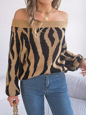 Zebra Print Knitted Off Shoulder Sweater-MXSTUDIO.COM