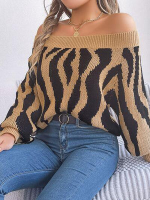 Zebra Print Knitted Off Shoulder Sweater-MXSTUDIO.COM