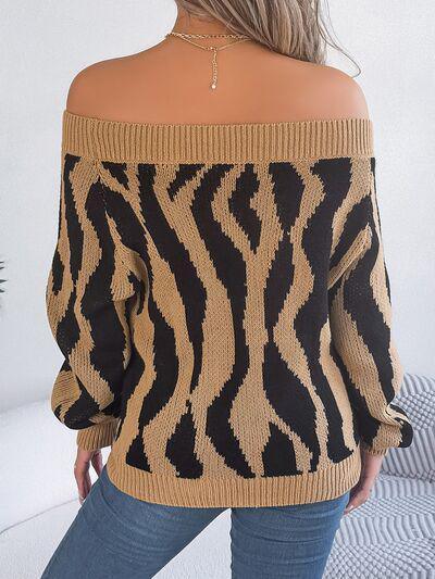 Zebra Print Knitted Off Shoulder Sweater-MXSTUDIO.COM