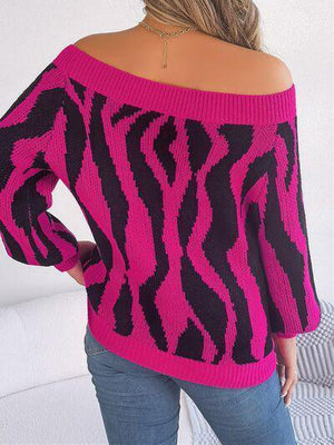 Zebra Print Knitted Off Shoulder Sweater-MXSTUDIO.COM