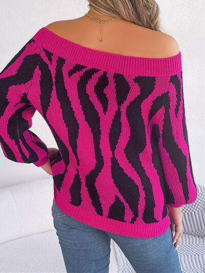 Zebra Print Knitted Off Shoulder Sweater-MXSTUDIO.COM