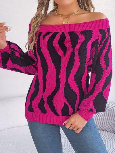 Zebra Print Knitted Off Shoulder Sweater-MXSTUDIO.COM