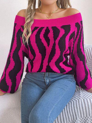 Zebra Print Knitted Off Shoulder Sweater-MXSTUDIO.COM