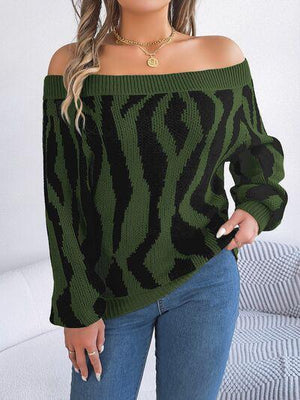 Zebra Print Knitted Off Shoulder Sweater-MXSTUDIO.COM