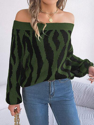 Zebra Print Knitted Off Shoulder Sweater-MXSTUDIO.COM