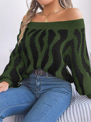 Zebra Print Knitted Off Shoulder Sweater-MXSTUDIO.COM