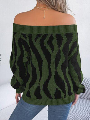 Zebra Print Knitted Off Shoulder Sweater-MXSTUDIO.COM