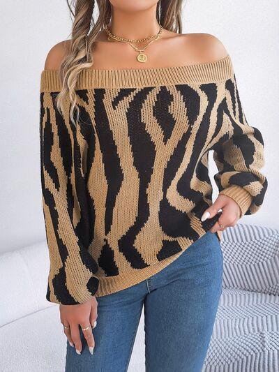 Zebra Print Knitted Off Shoulder Sweater-MXSTUDIO.COM