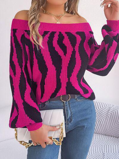 Zebra Print Knitted Off Shoulder Sweater-MXSTUDIO.COM