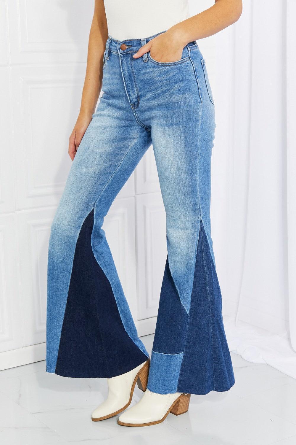 Zero Cool Two-Tone Flare High-Waist Jeans - MXSTUDIO.COM