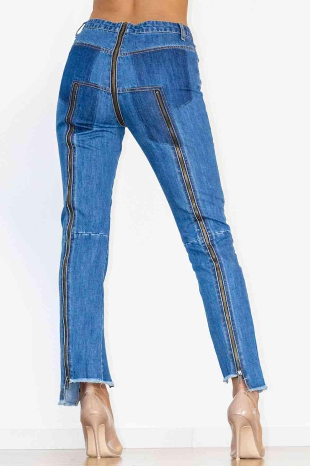 Zip Detail Slit Mid Rise Stretch Jeans - MXSTUDIO.COM
