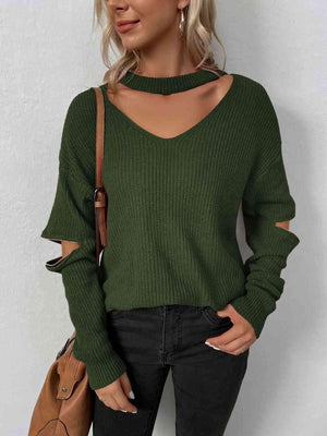 Zip Elbow Knitted Cut Out Neck Sweater-MXSTUDIO.COM