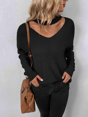 Zip Elbow Knitted Cut Out Neck Sweater-MXSTUDIO.COM