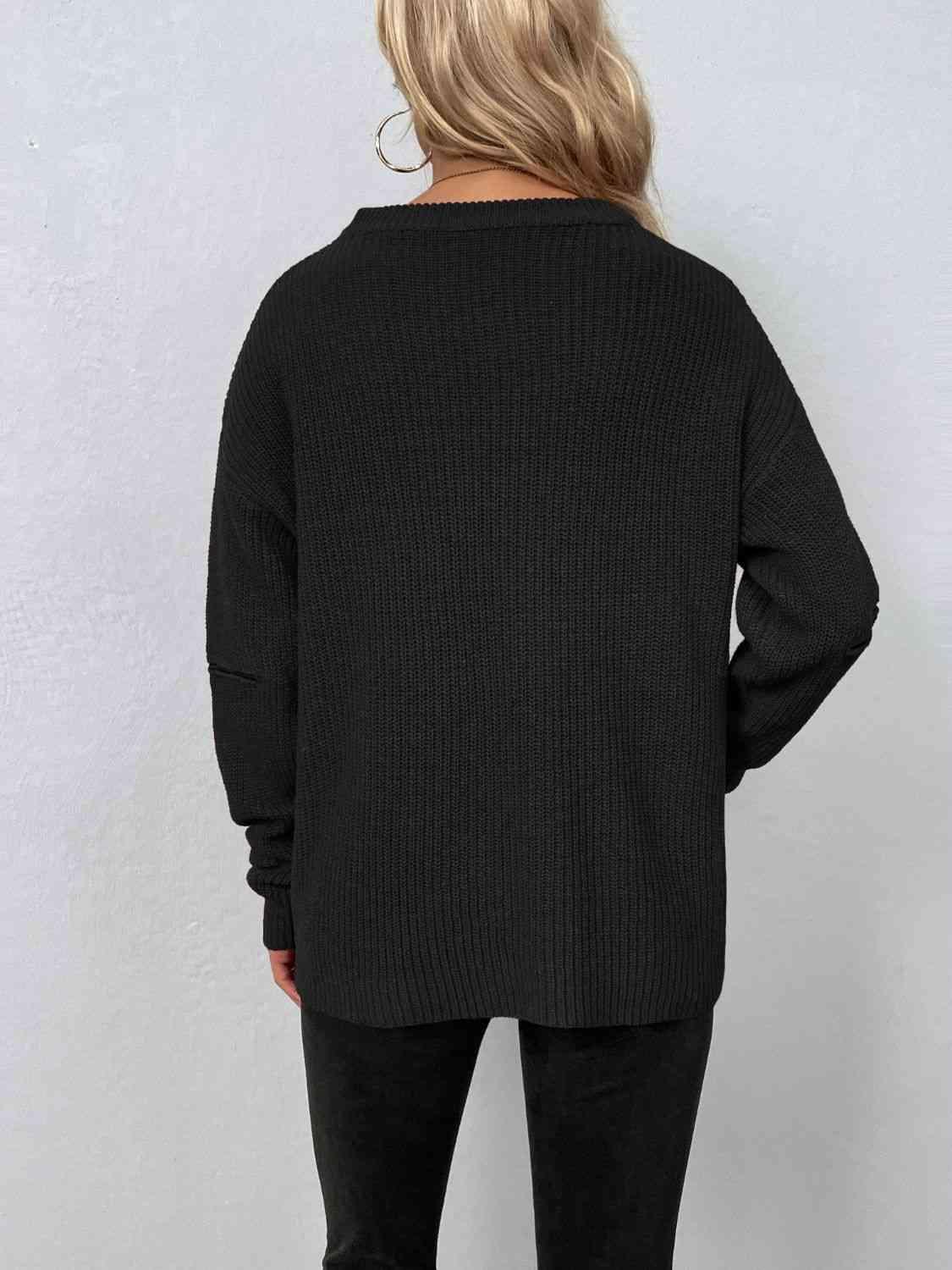 Zip Elbow Knitted Cut Out Neck Sweater-MXSTUDIO.COM