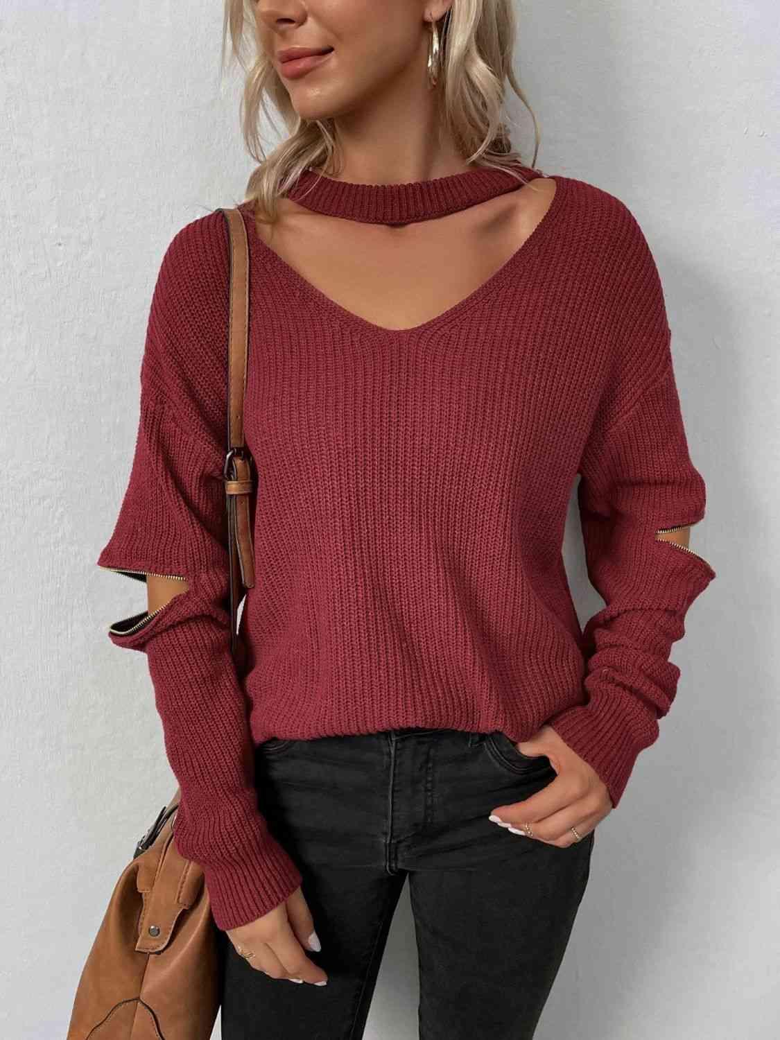 Zip Elbow Knitted Cut Out Neck Sweater-MXSTUDIO.COM