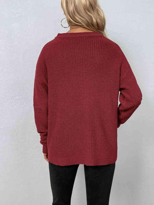 Zip Elbow Knitted Cut Out Neck Sweater-MXSTUDIO.COM