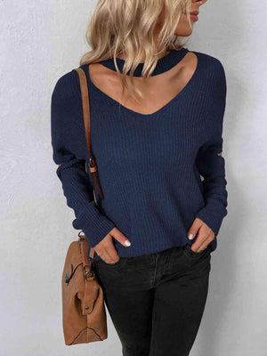 Zip Elbow Knitted Cut Out Neck Sweater-MXSTUDIO.COM