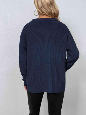 Zip Elbow Knitted Cut Out Neck Sweater-MXSTUDIO.COM