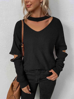 Zip Elbow Knitted Cut Out Neck Sweater-MXSTUDIO.COM