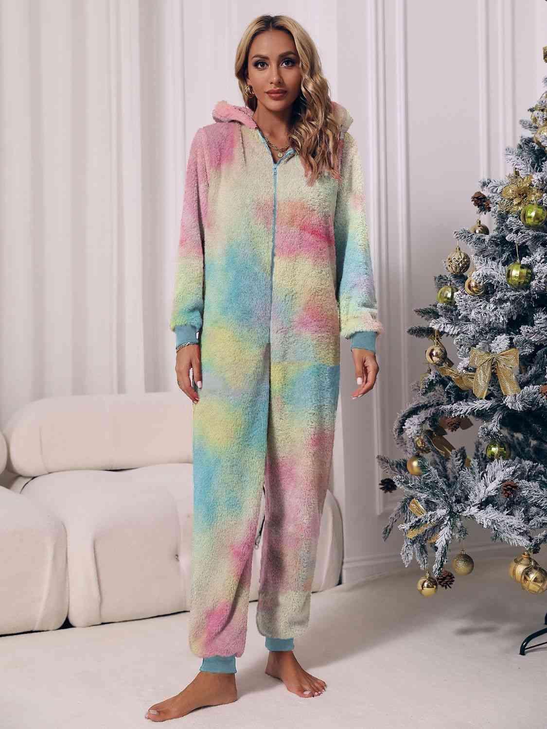 Zip Front Long Sleeve Hooded Teddy Lounge Jumpsuit - MXSTUDIO.COM