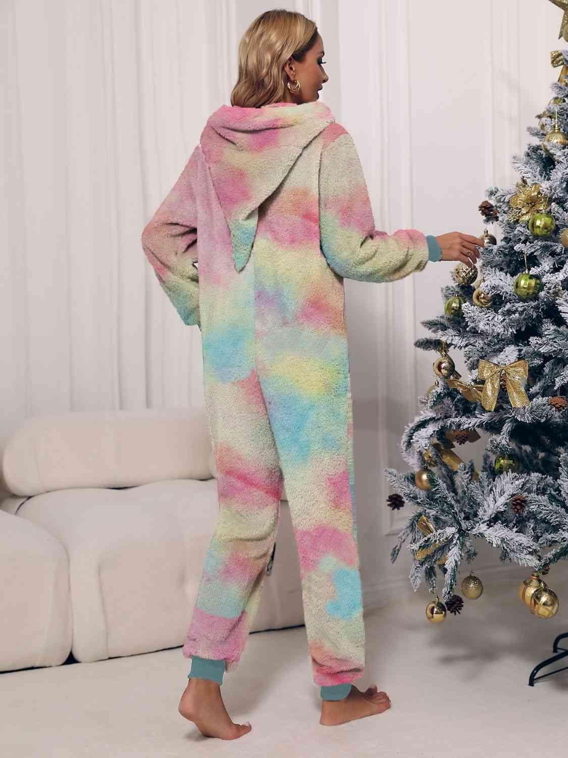 Zip Front Long Sleeve Hooded Teddy Lounge Jumpsuit - MXSTUDIO.COM