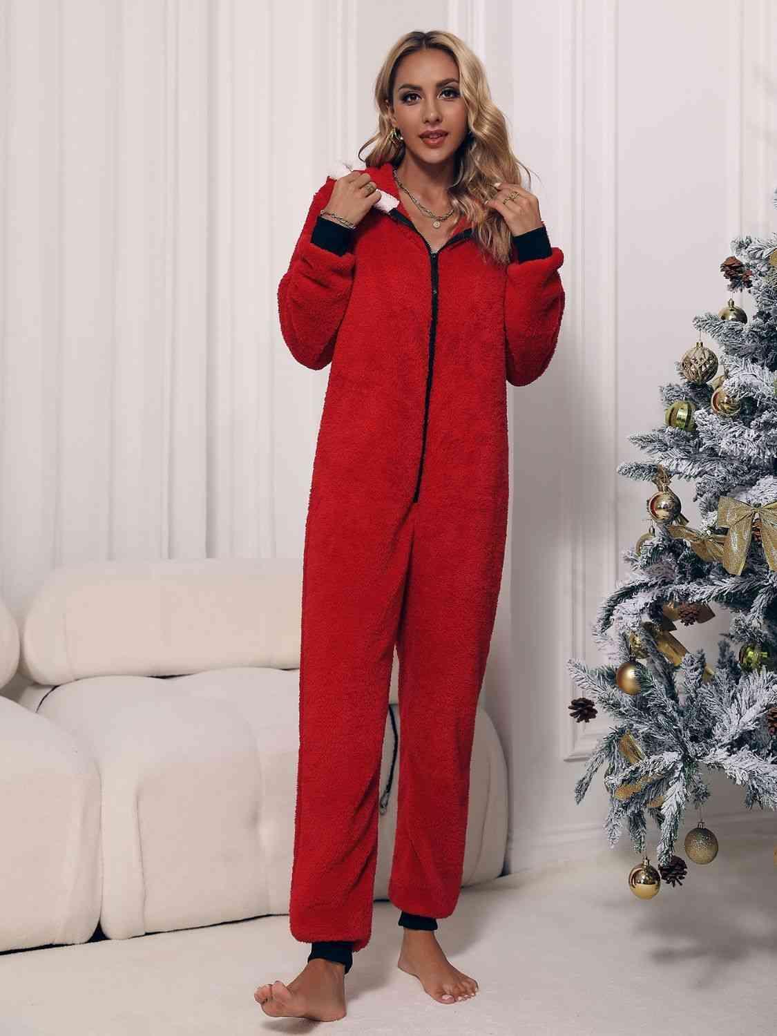 Zip Front Long Sleeve Hooded Teddy Lounge Jumpsuit - MXSTUDIO.COM