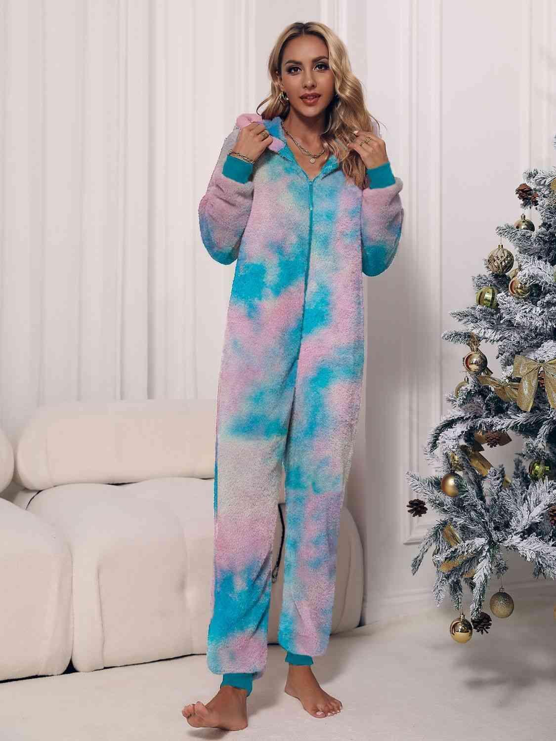 Zip Front Long Sleeve Hooded Teddy Lounge Jumpsuit - MXSTUDIO.COM