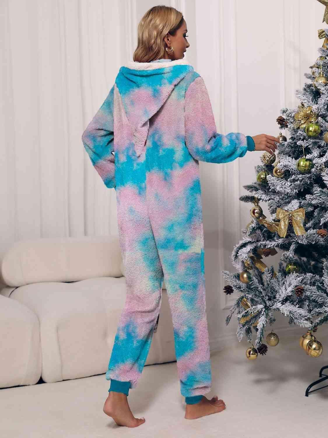 Zip Front Long Sleeve Hooded Teddy Lounge Jumpsuit - MXSTUDIO.COM