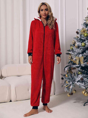 Zip Front Long Sleeve Hooded Teddy Lounge Jumpsuit - MXSTUDIO.COM