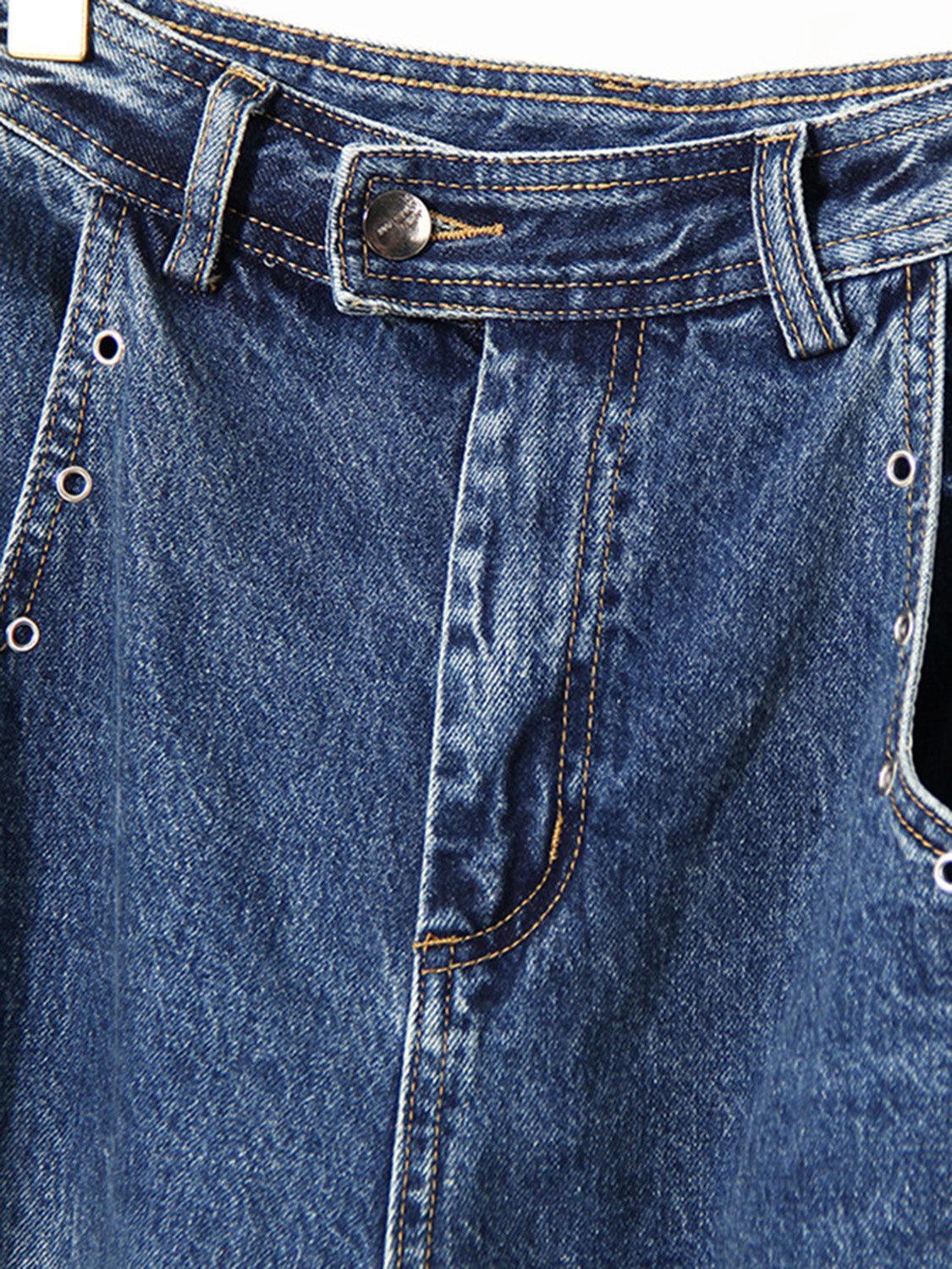 a close up of a person wearing a jean skirt
