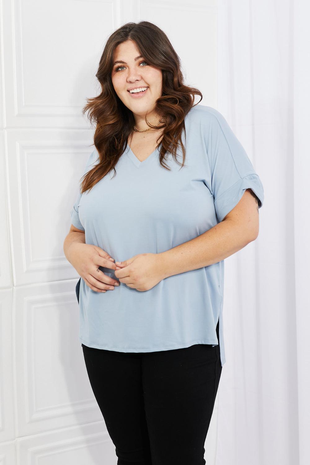 Absolutely Cozy Misty Blue Plus Size V-Neck T-Shirt - MXSTUDIO.COM