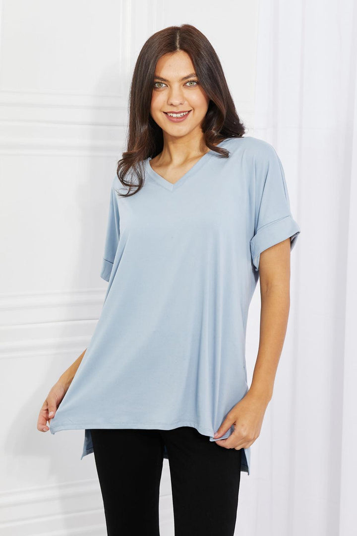 Absolutely Cozy Misty Blue Plus Size V-Neck T-Shirt - MXSTUDIO.COM