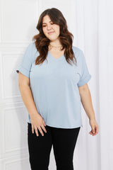 Absolutely Cozy Misty Blue Plus Size V-Neck T-Shirt - MXSTUDIO.COM