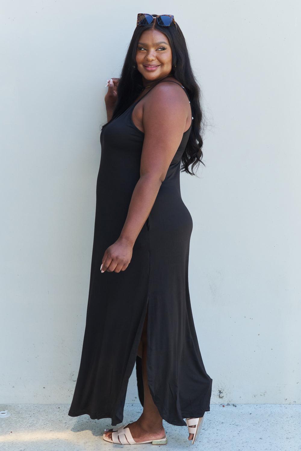 Adjustable Strap Cami Style Plus Size Black Maxi Dress - MXSTUDIO.COM