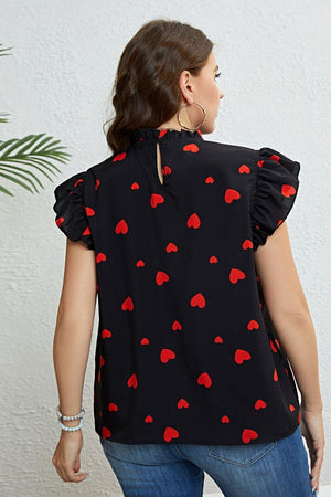 Adorable Plus Size Heart Print Black Mock Neck Top - MXSTUDIO.COM