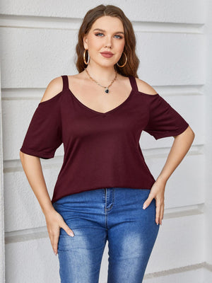 Adorbs V Neck Plus Size Cold-Shoulder Blouse - MXSTUDIO.COM