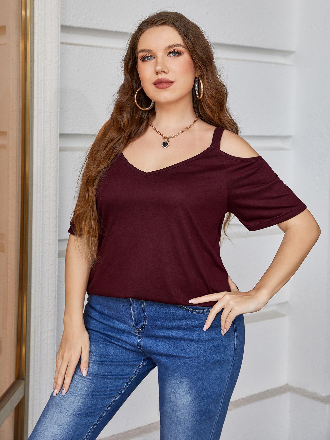 Adorbs V Neck Plus Size Cold-Shoulder Blouse - MXSTUDIO.COM