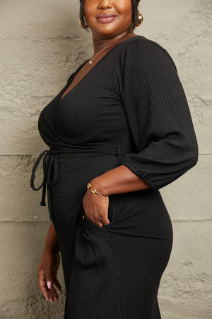 Always In Style Tie Waist Plus Size Black Midi Dress - MXSTUDIO.COM