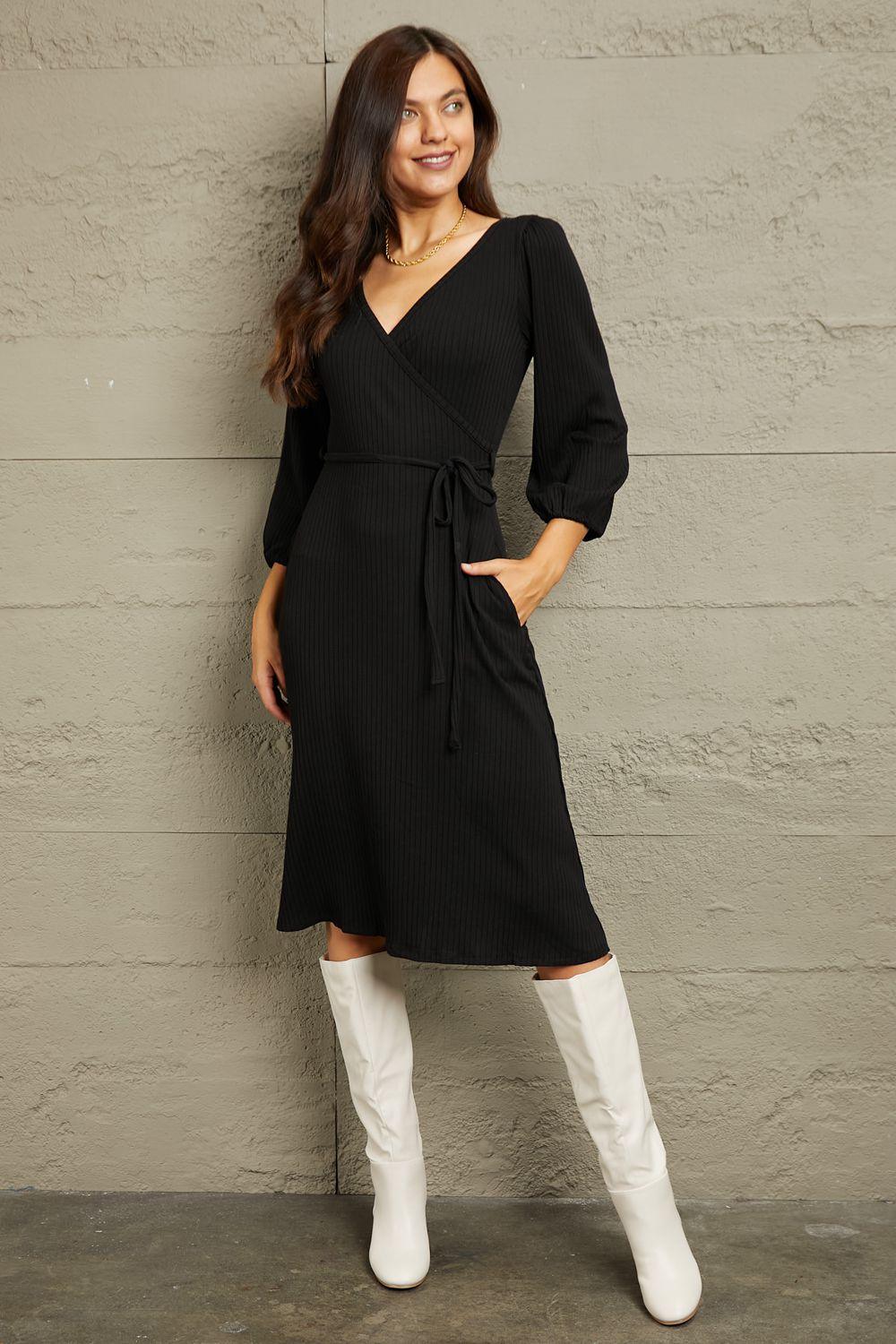 Always In Style Tie Waist Plus Size Black Midi Dress - MXSTUDIO.COM