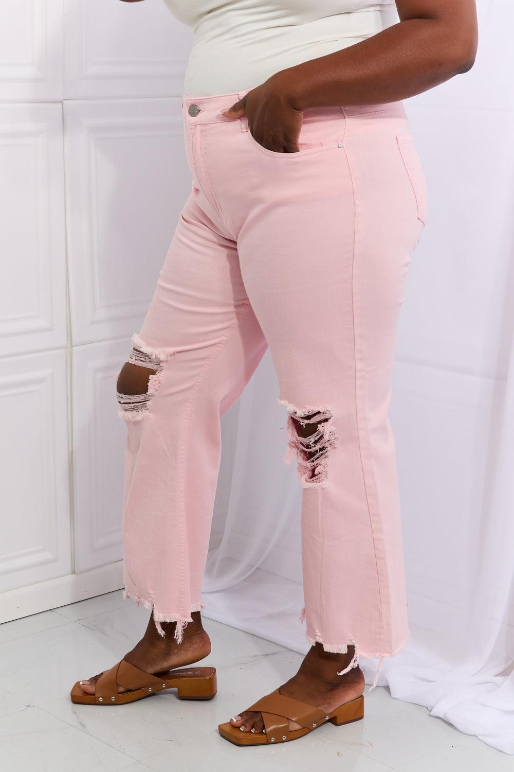 Ankle Length Blush Pink Plus Size Distressed Flare Jeans - MXSTUDIO.COM