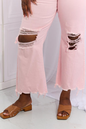 Ankle Length Blush Pink Plus Size Distressed Flare Jeans - MXSTUDIO.COM