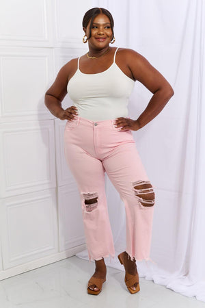 Ankle Length Blush Pink Plus Size Distressed Flare Jeans - MXSTUDIO.COM