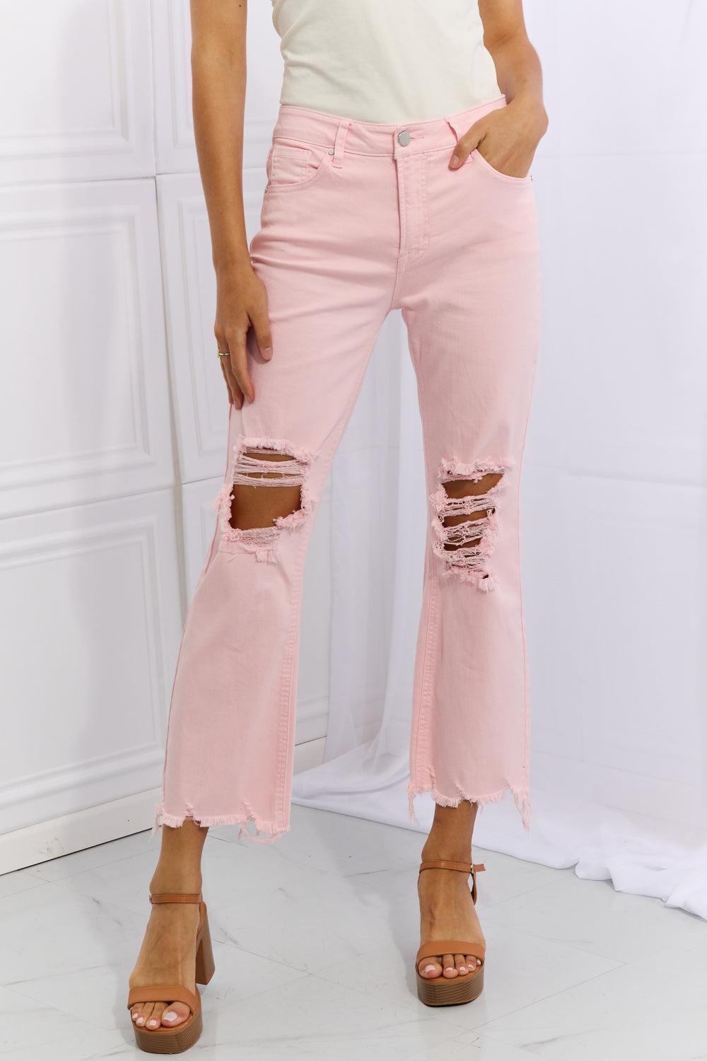 Ankle Length Blush Pink Plus Size Distressed Flare Jeans - MXSTUDIO.COM